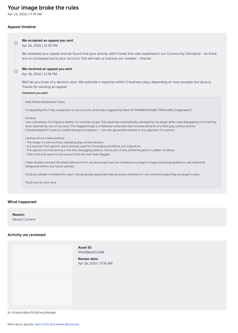 Roblox appeal page showing the moderation reason "Sexual Content", the appeal text submitted, and the appeal accepted within 37 minutes